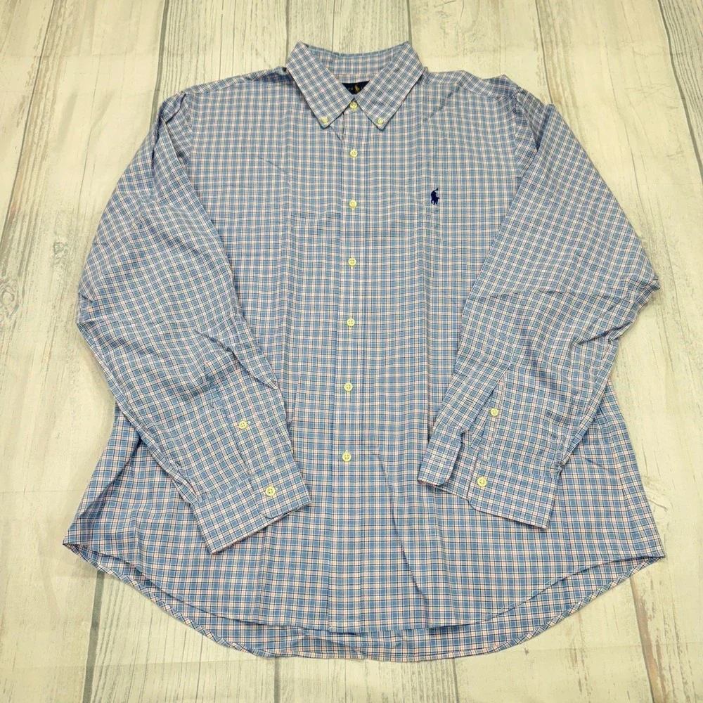 POLO‎ Ralph Lauren Button Down Shirt XL Blue Plaid Pony Cotton Mens